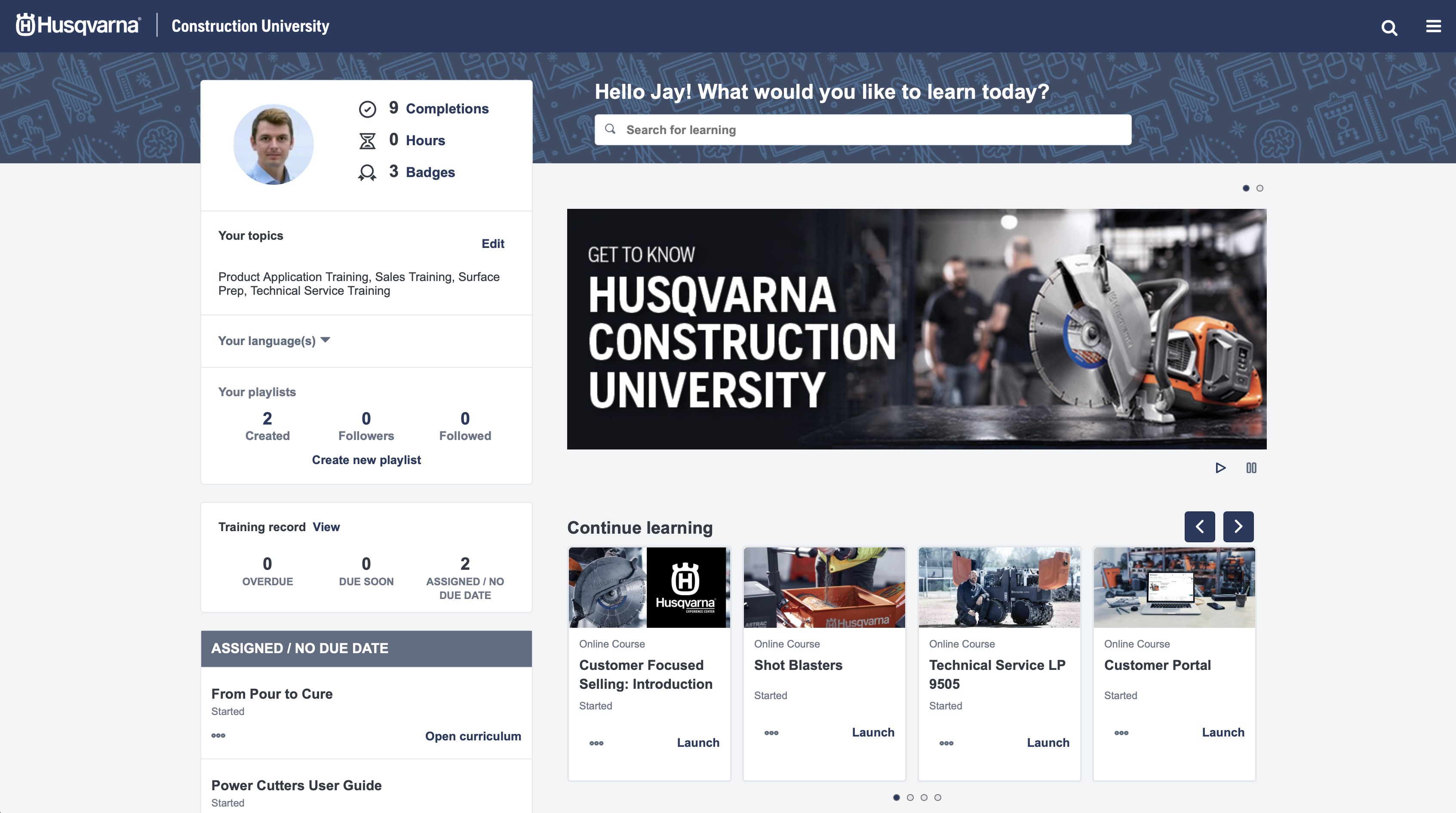 Husqvarna Construction University dashboard.
